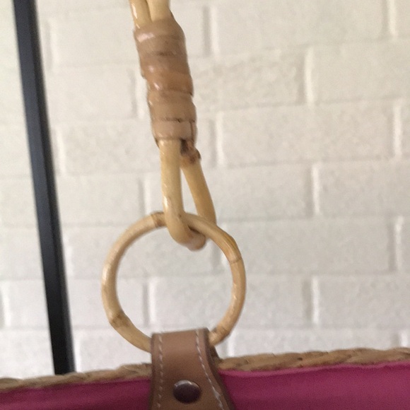 Vintage Woven Straw Floral Tote with Bamboo Handles & Solid Pink Lining - Picture 6 of 17